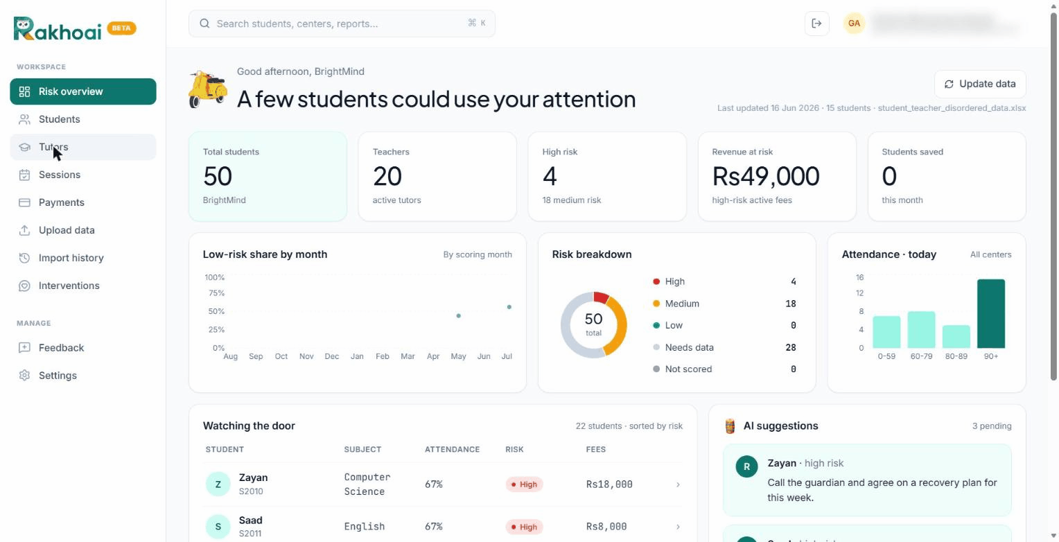 RakhoAI product tour — dashboard, tutors, import, and student roster